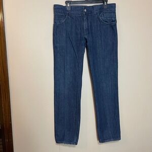 Dolce & Gabbana Mens Indigo Blue Straight Leg Jeans Gold Logo Plaque 34W 32L 52